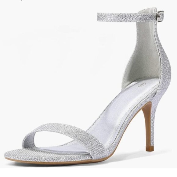 Silver Glitter Stilettos Ankle Strap Open Toe Pump Heeled Sandals, Size 8 - Picture 2 of 8